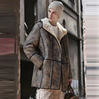 Men's Distressed Olive-Tan Shearling Hooded Field Coat