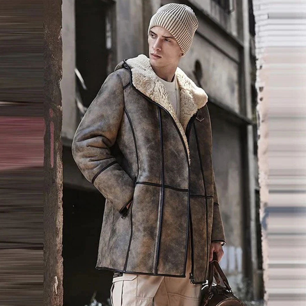 Men's Distressed Olive-Tan Shearling Hooded Field Coat