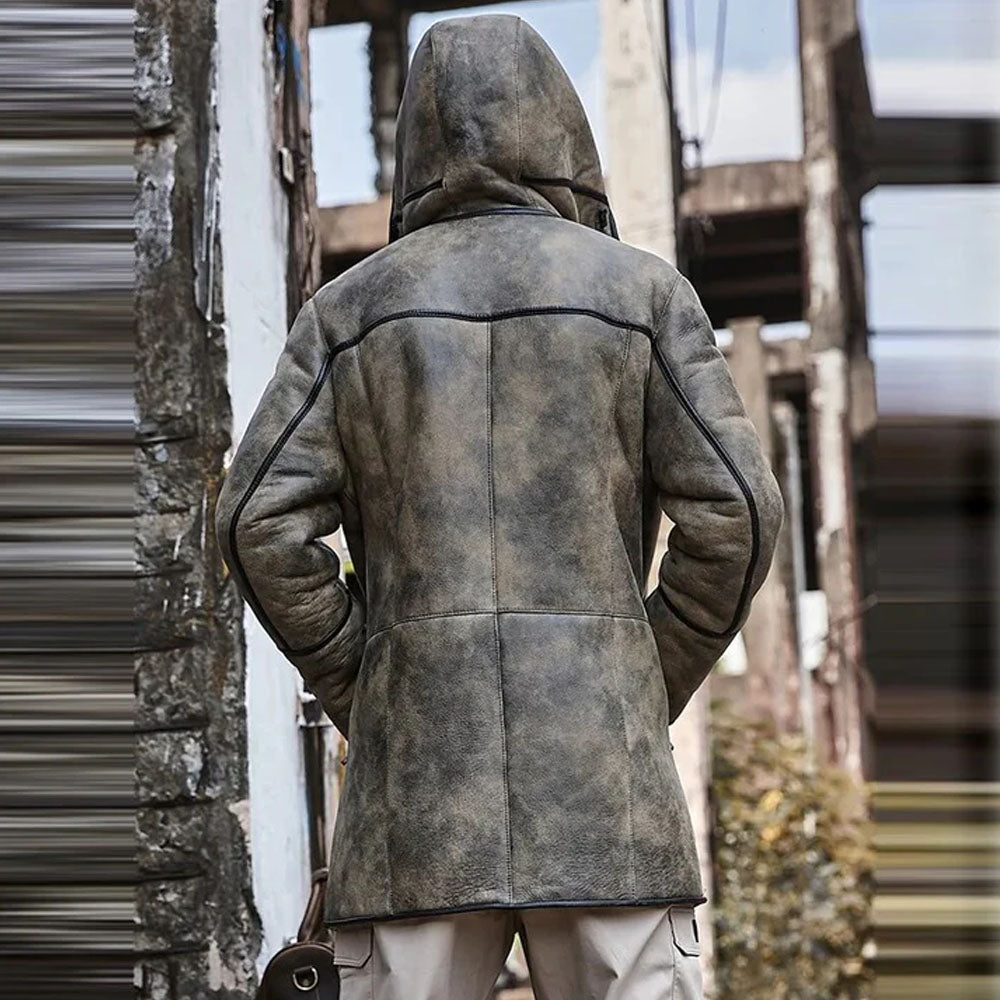 Men's Distressed Olive-Tan Shearling Hooded Field Coat