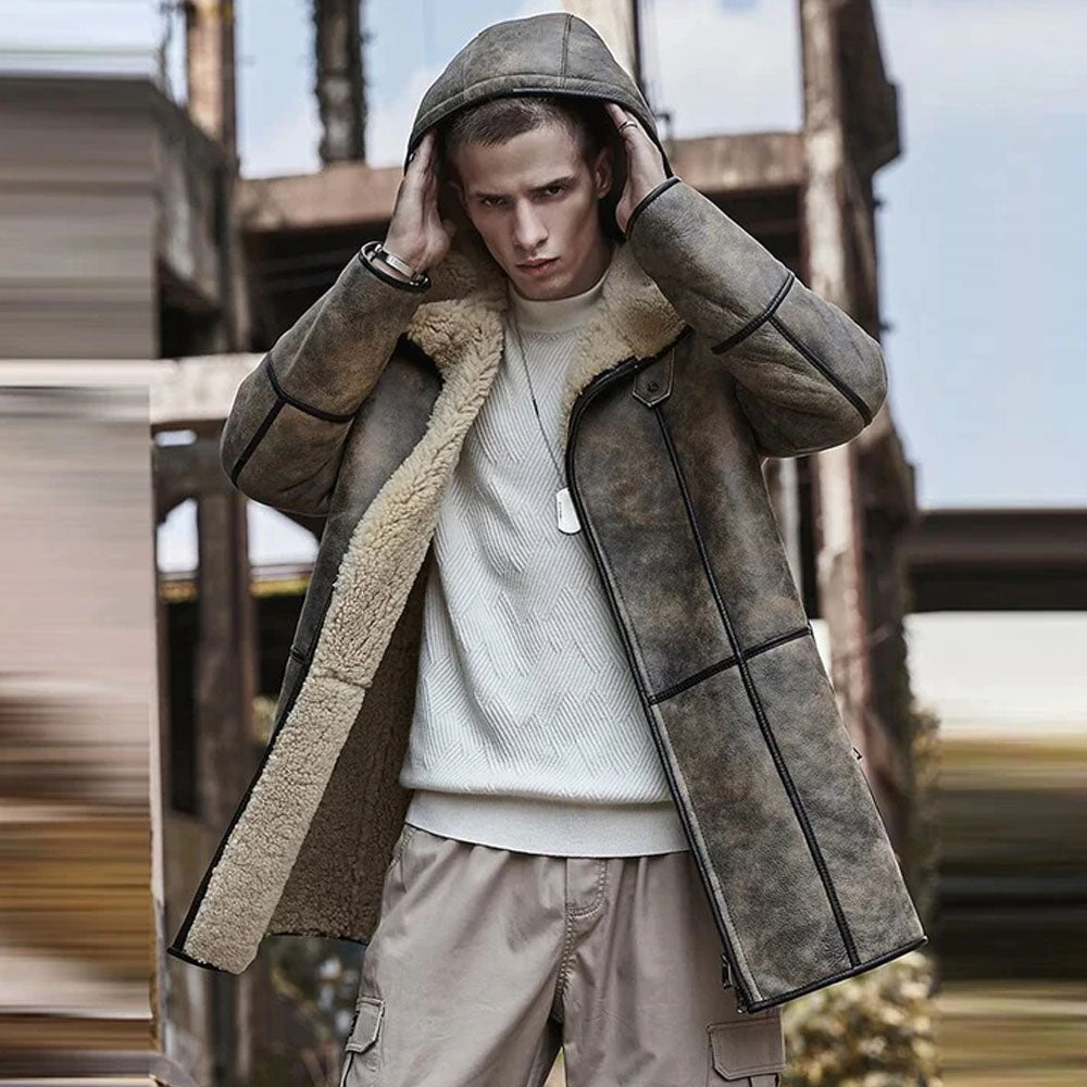 Men's Distressed Olive-Tan Shearling Hooded Field Coat