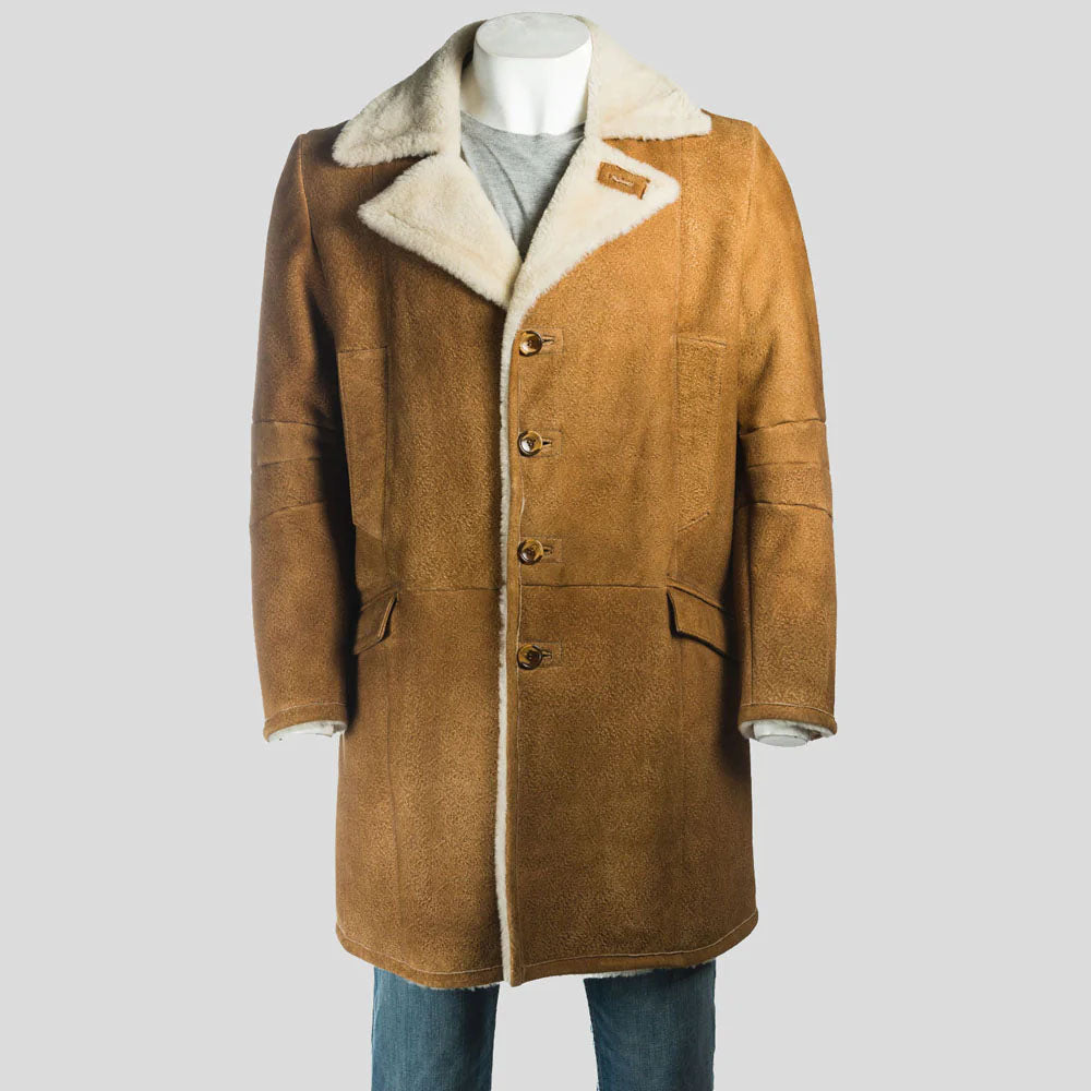 Men's Tan Brown Convertible Collar Shearling Ulster Coat
