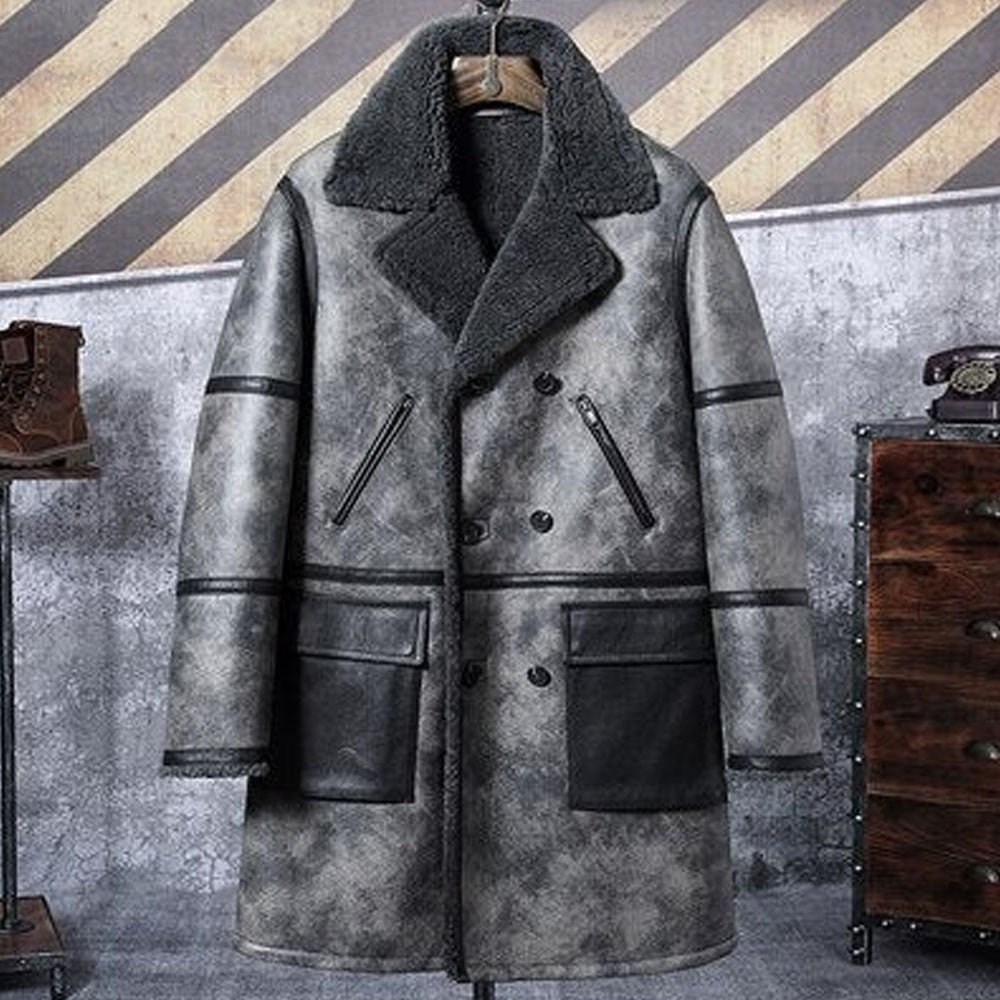 Men's Distressed Grey Lambskin Shearling Trench Coat
