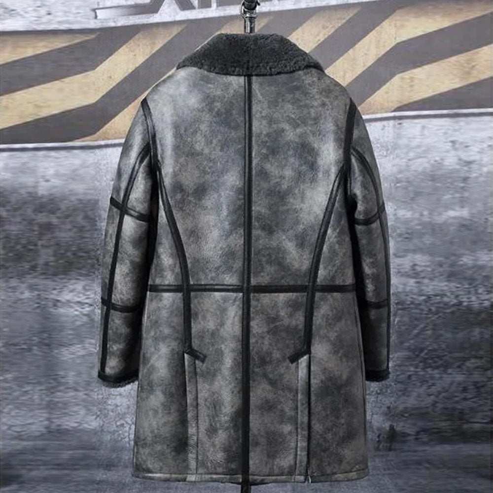 Men's Distressed Grey Lambskin Shearling Trench Coat