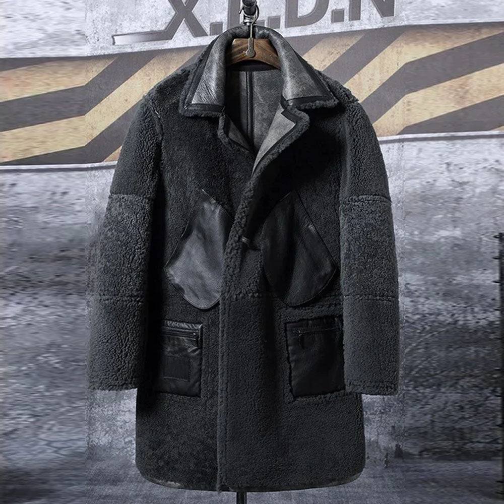 Men's Distressed Grey Lambskin Shearling Trench Coat