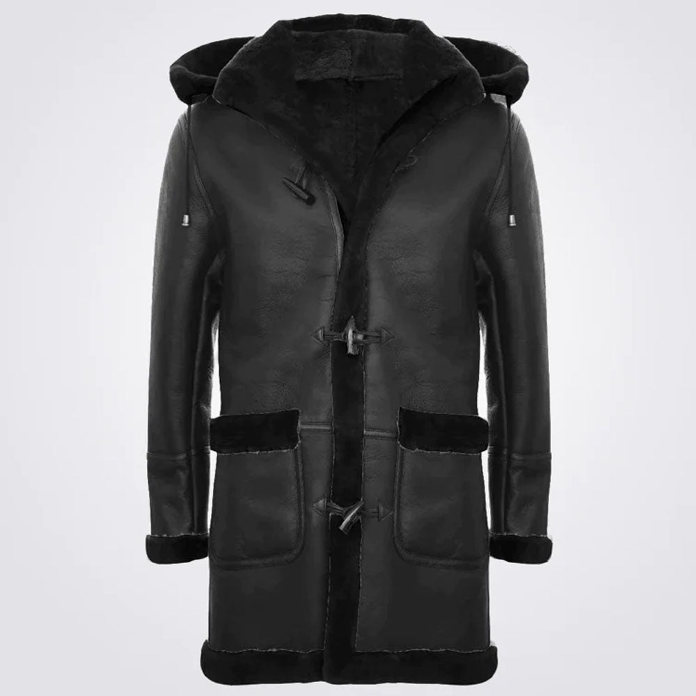 Men's Black Sheepskin Detachable Hood Duffle Coat
