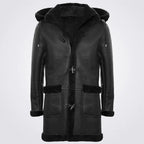 Men's Black Sheepskin Detachable Hood Duffle Coat