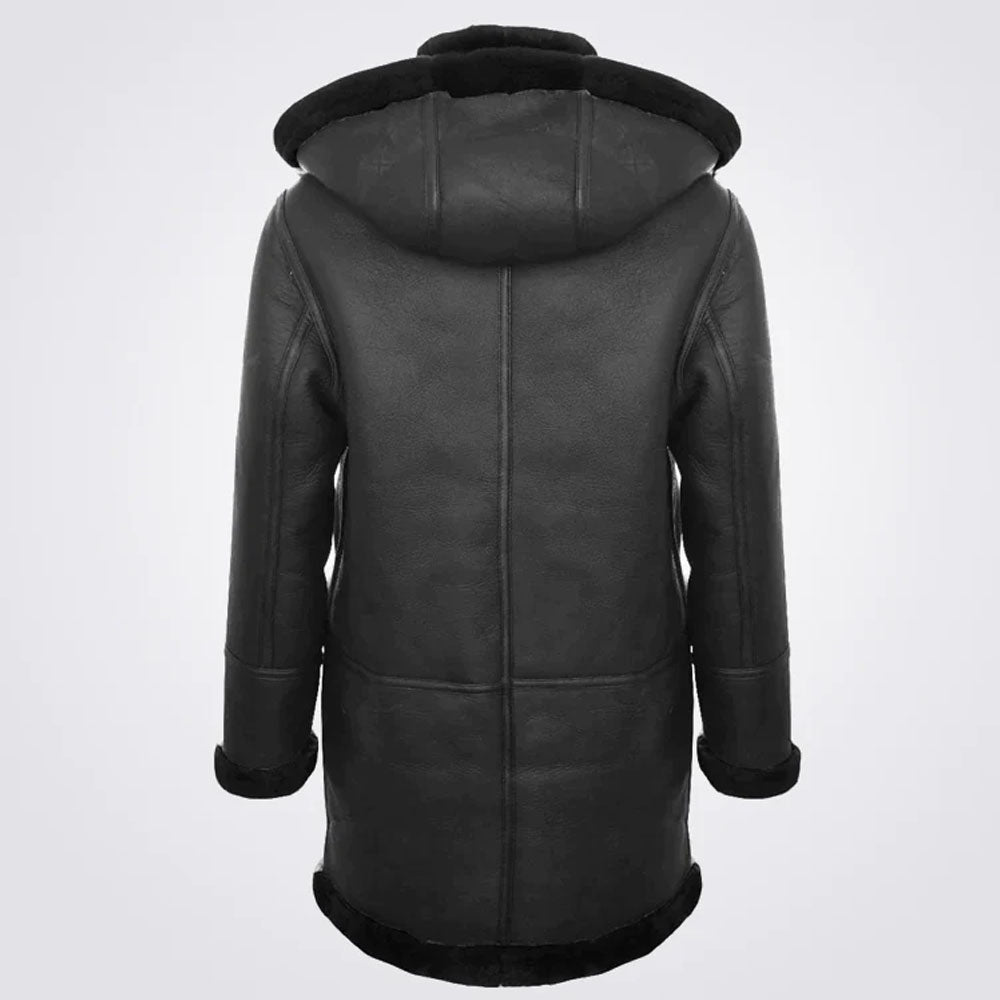 Men's Black Sheepskin Detachable Hood Duffle Coat