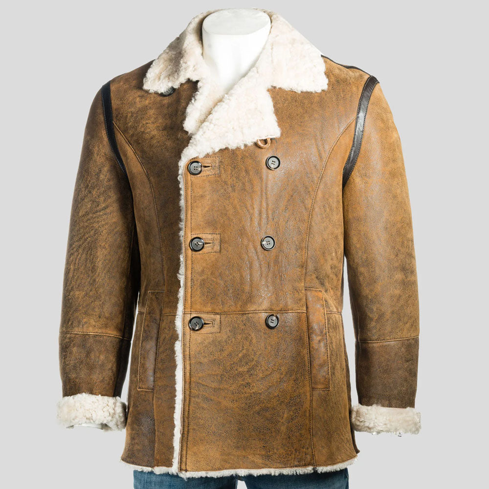 Men's Distressed Tan Double-Breasted Shearling Pea Coat