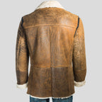 Men's Distressed Tan Double-Breasted Shearling Pea Coat