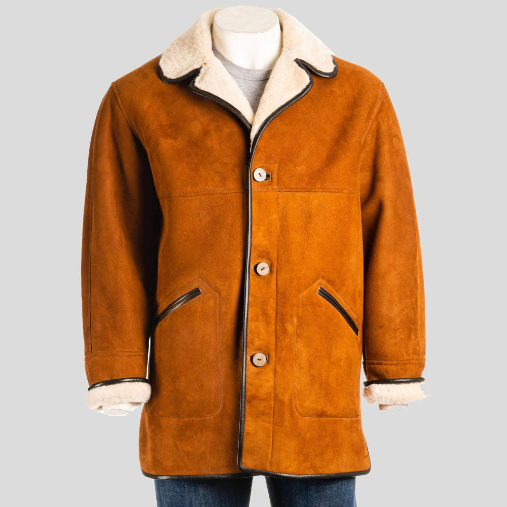 Men's Chestnut Suede Piped Shearling Rancher Coat