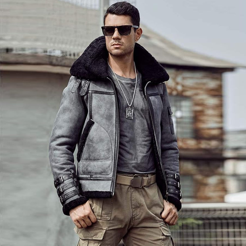 Gray RAF Aviator Sheepskin Real Leather Shearling Flight B3 Bomber Jacket For Men