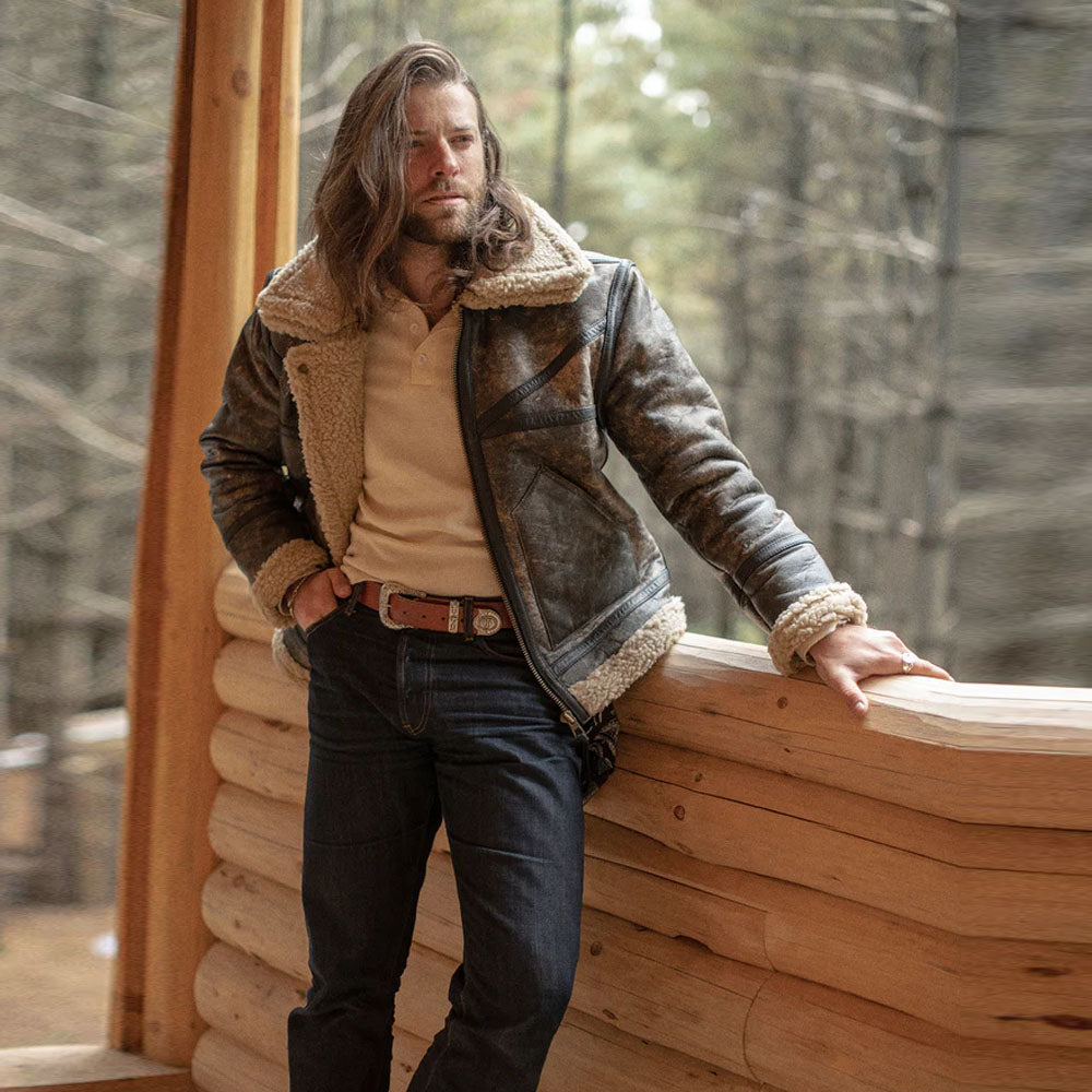 Sheepskin Brown Aviator Shearling Flying Fur Leather Jacket For Men