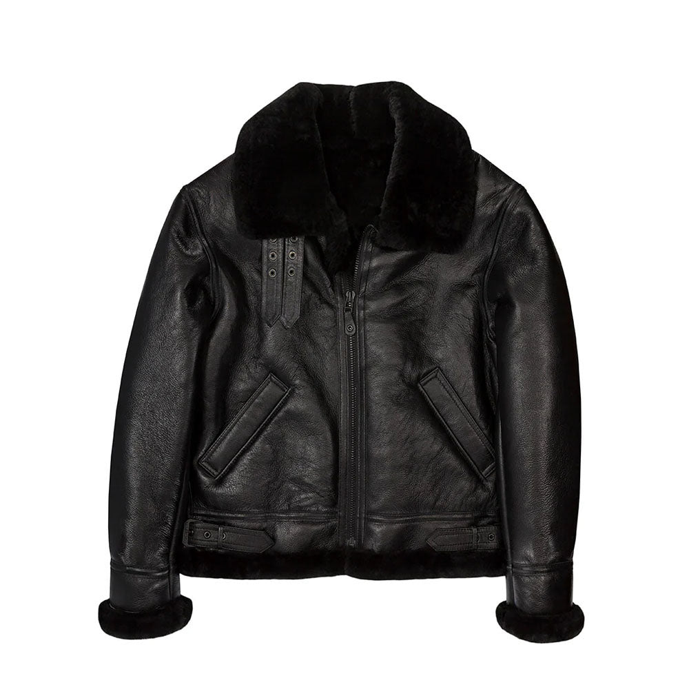 Men Sheepskin Flight Bomber Aviator Fur Shearling Black Leather Jacket