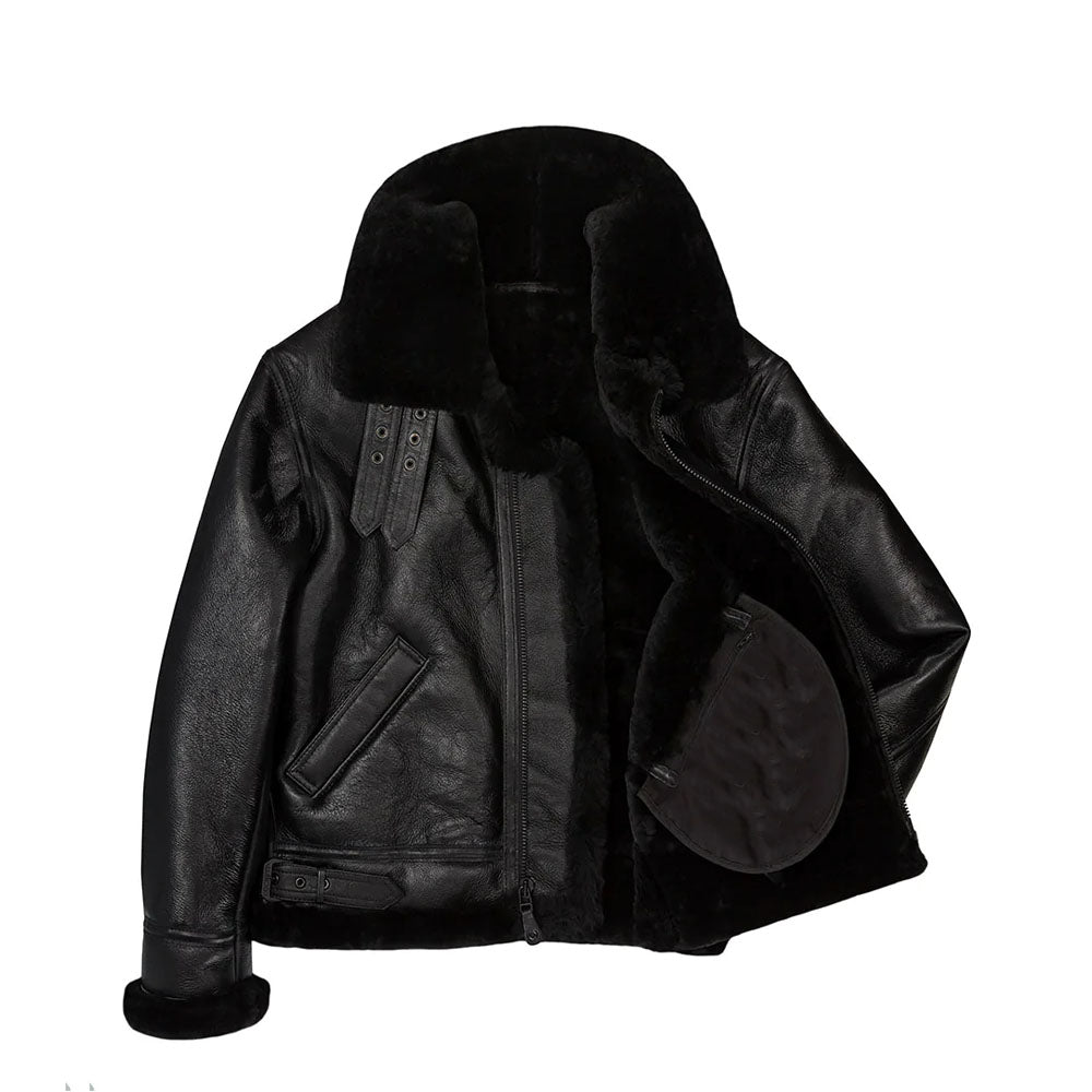 Men Sheepskin Flight Bomber Aviator Fur Shearling Black Leather Jacket