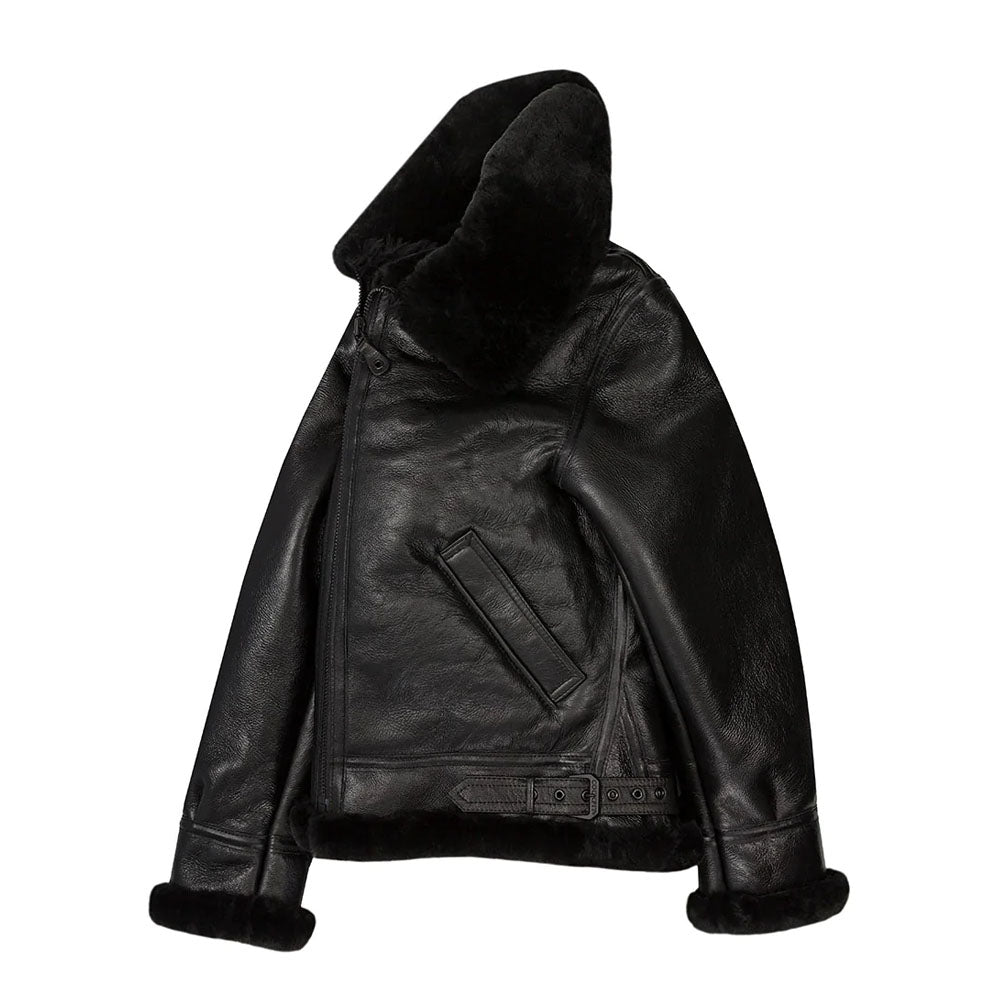 Men Sheepskin Flight Bomber Aviator Fur Shearling Black Leather Jacket