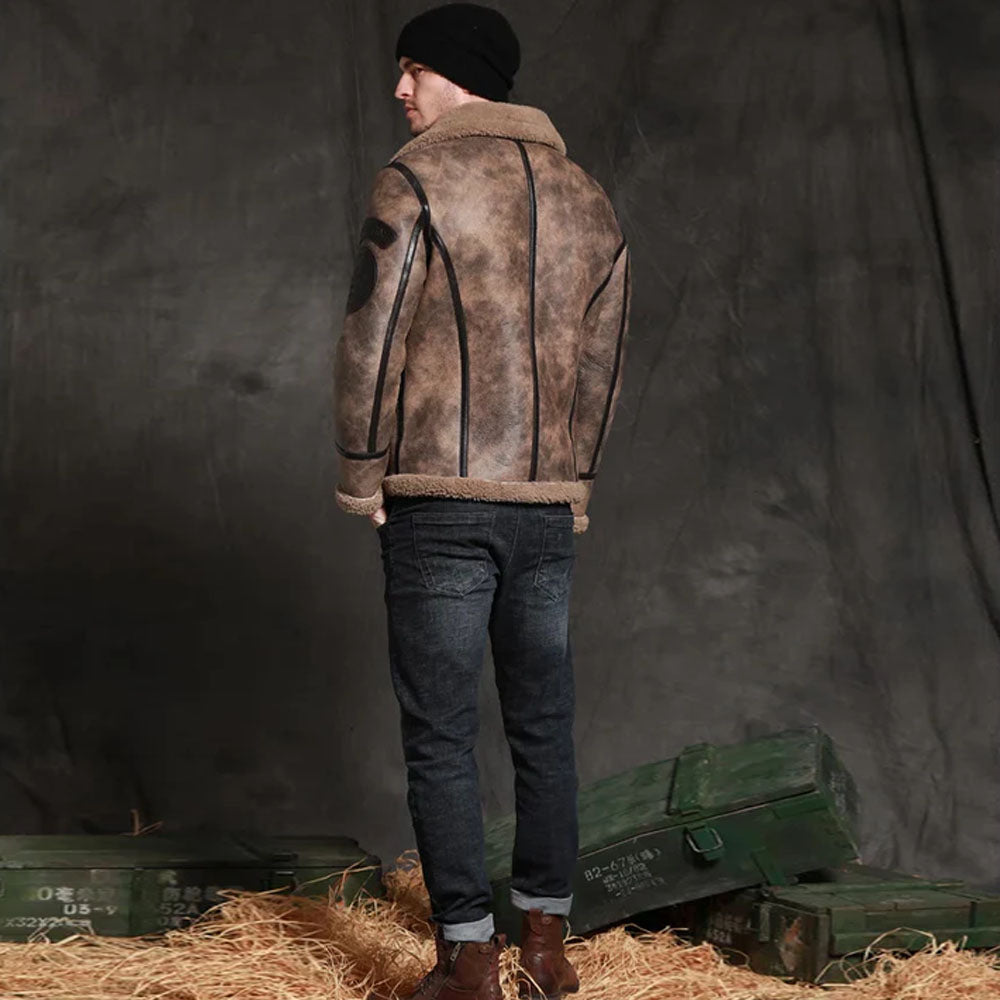 Men's Distressed Waxed Brown B-3 Flyer's Jacket with Military Patches