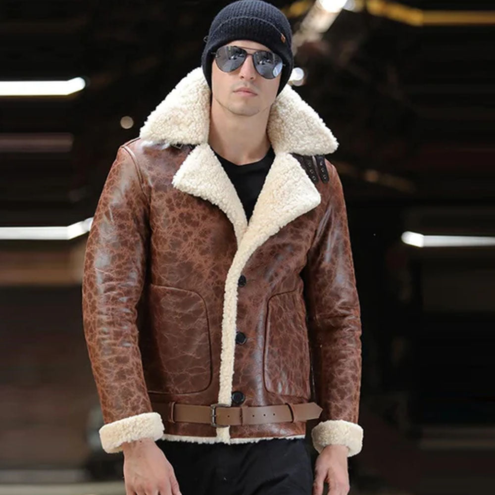 Men's Brown Button-Front Shearling Crackle Leather Jacket
