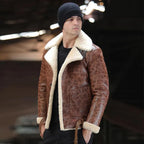 Men's Brown Button-Front Shearling Crackle Leather Jacket