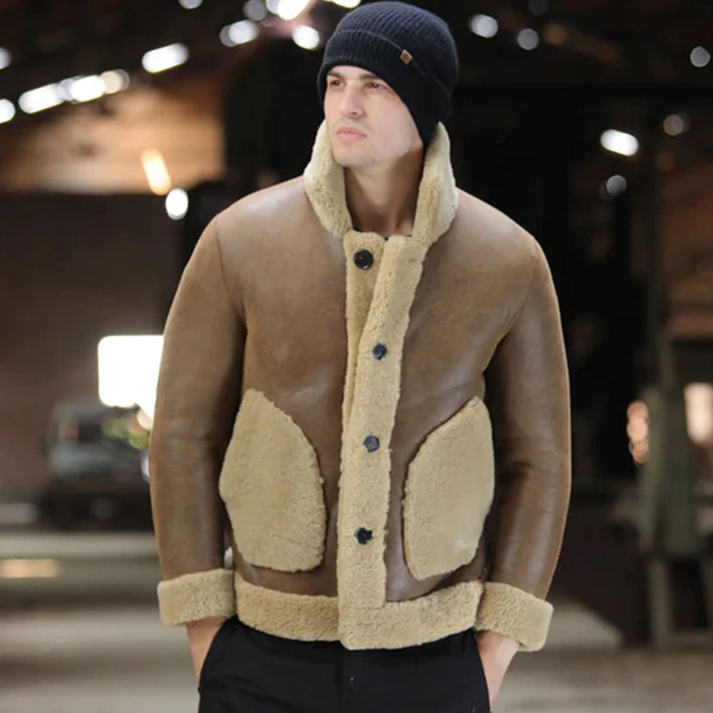 Men's Camel Button-Front Shearling Trapper Jacket