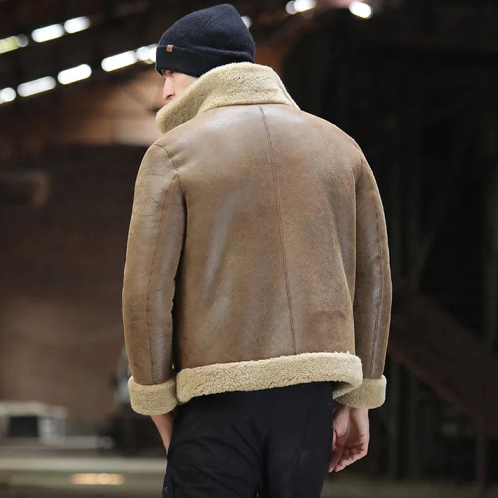 Men's Camel Button-Front Shearling Trapper Jacket