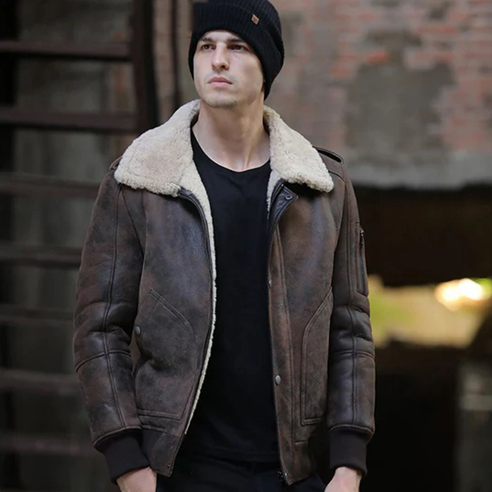 Men's Brown RAF Aviator Shearling Flight B3 Sheepskin Leather Jacket