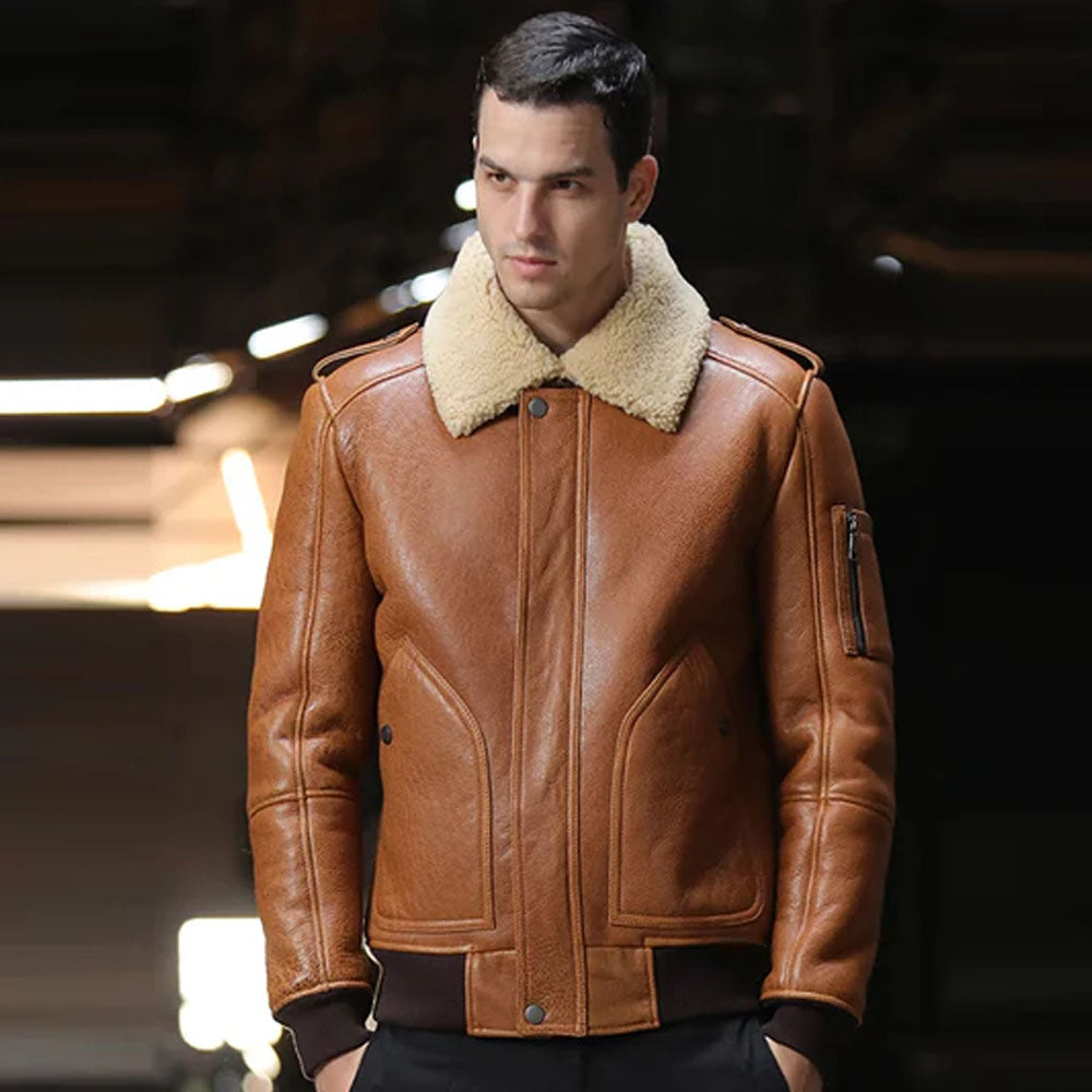 Men's Cognac Brown Shearling B-3 Flight Bomber Jacket – RAF Aviator Style