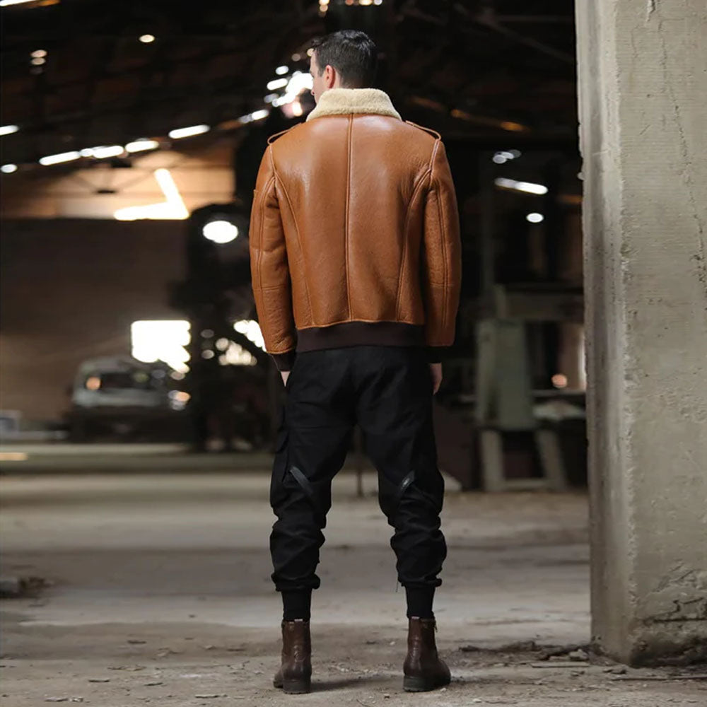 Men's Cognac Brown Shearling B-3 Flight Bomber Jacket – RAF Aviator Style
