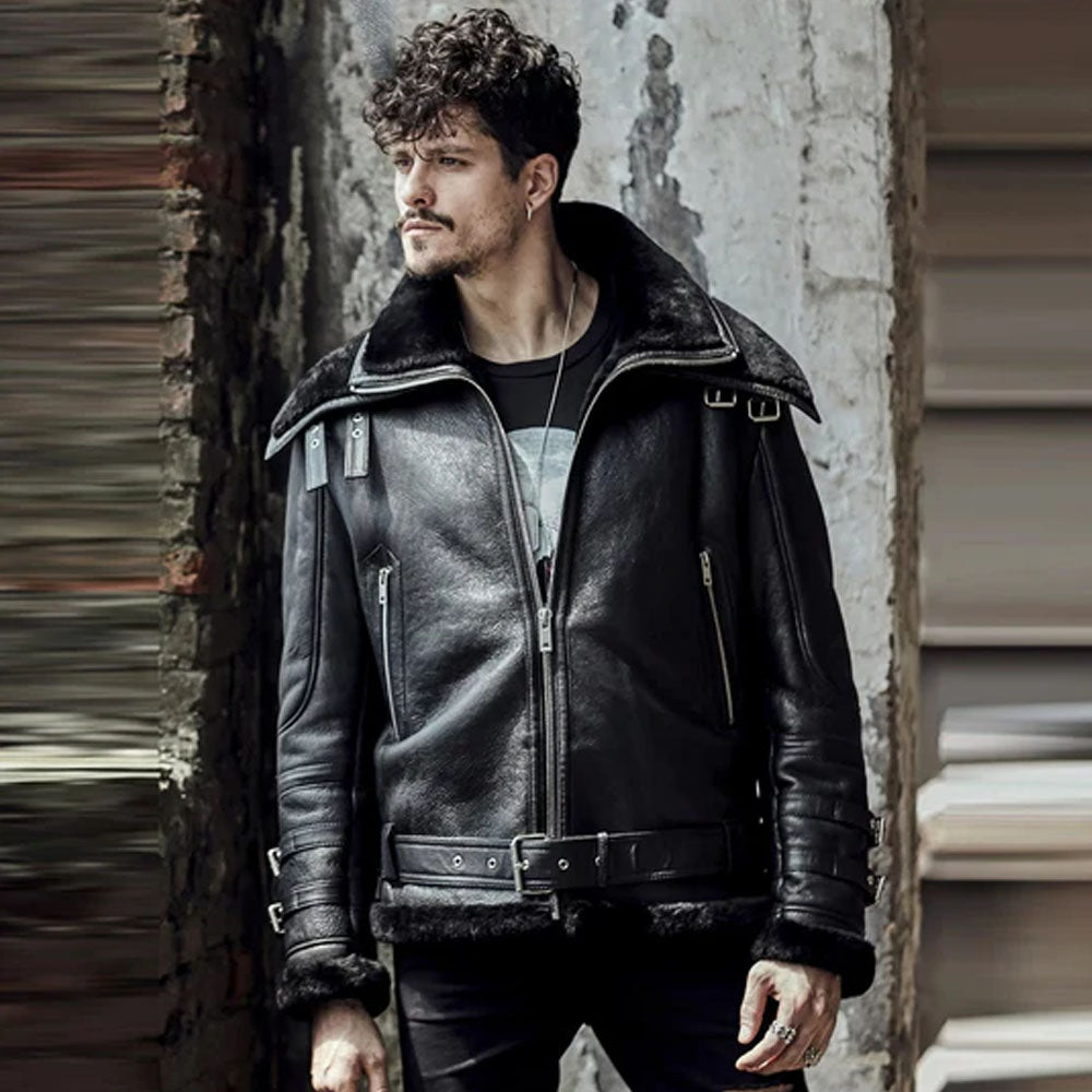 Men's Black Convertible Storm-Collar Moto B-3 Shearling Jacket