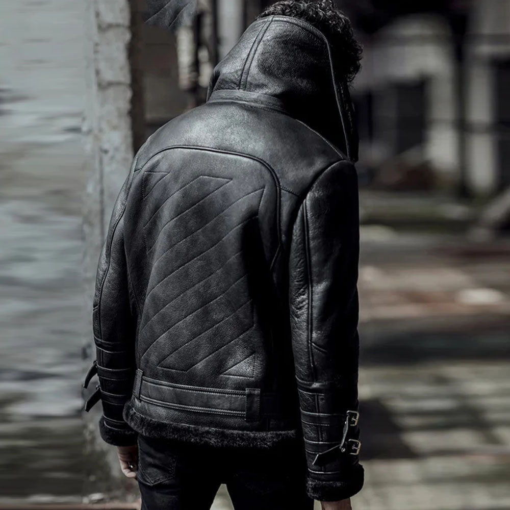 Men's Black Convertible Storm-Collar Moto B-3 Shearling Jacket