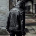 Men's Black Convertible Storm-Collar Moto B-3 Shearling Jacket