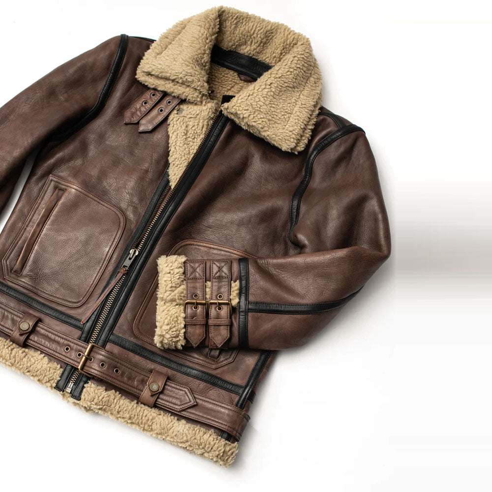 Men's Dark Chocolate Brown Double-Buckle B-3 Shearling Aviator Jacket
