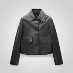 Shirt Style Black Leather Blazer With Flap Pockets