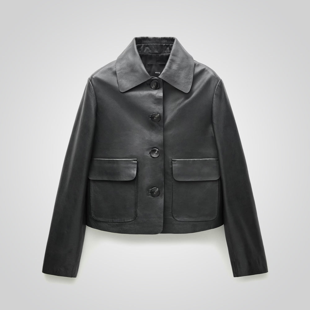 Shirt Style Black Leather Blazer With Flap Pockets