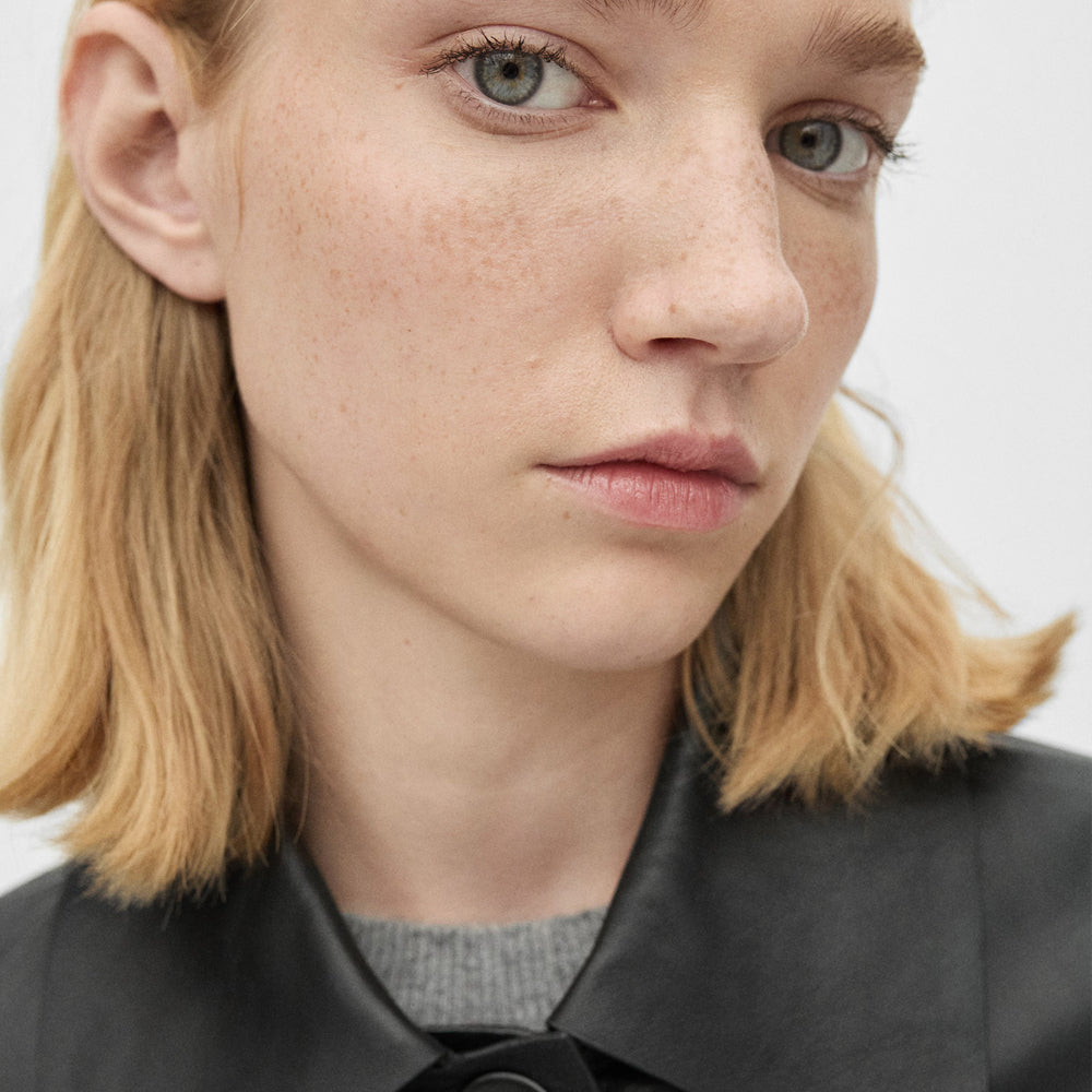 Shirt Style Black Leather Blazer With Flap Pockets