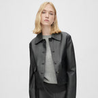 Shirt Style Black Leather Blazer With Flap Pockets