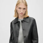 Shirt Style Black Leather Blazer With Flap Pockets