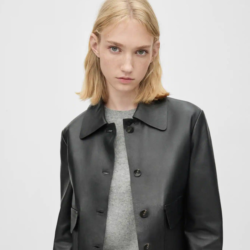 Shirt Style Black Leather Blazer With Flap Pockets