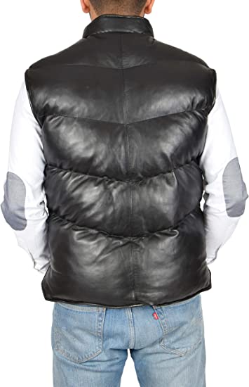 Men's Leather Puffer Vest In Black