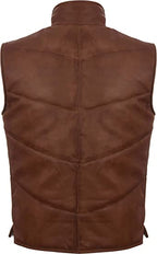 Men's Puffer Leather Vest In Brown
