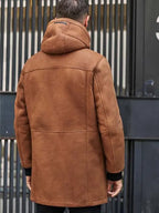 Men's Brown Leather Shearling Coat with Hood