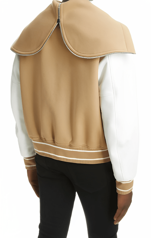 Men's Beige Varsity Bomber Leather Jacket with White Sleeves - Classic & Trendy