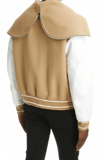 Men's Beige Varsity Bomber Leather Jacket with White Sleeves - Classic & Trendy