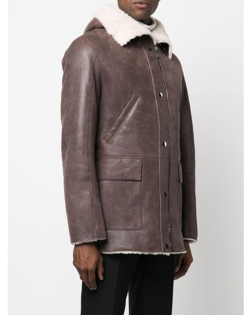 Men's Sheepskin Leather Jacket with Hood in Brown