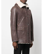 Men's Sheepskin Leather Jacket with Hood in Brown