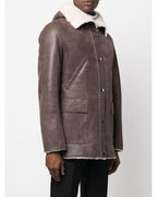 Men's Sheepskin Leather Jacket with Hood in Brown