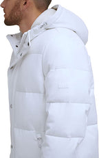 Men's White Trench Puffer Leather Coat - Sleek & Warm