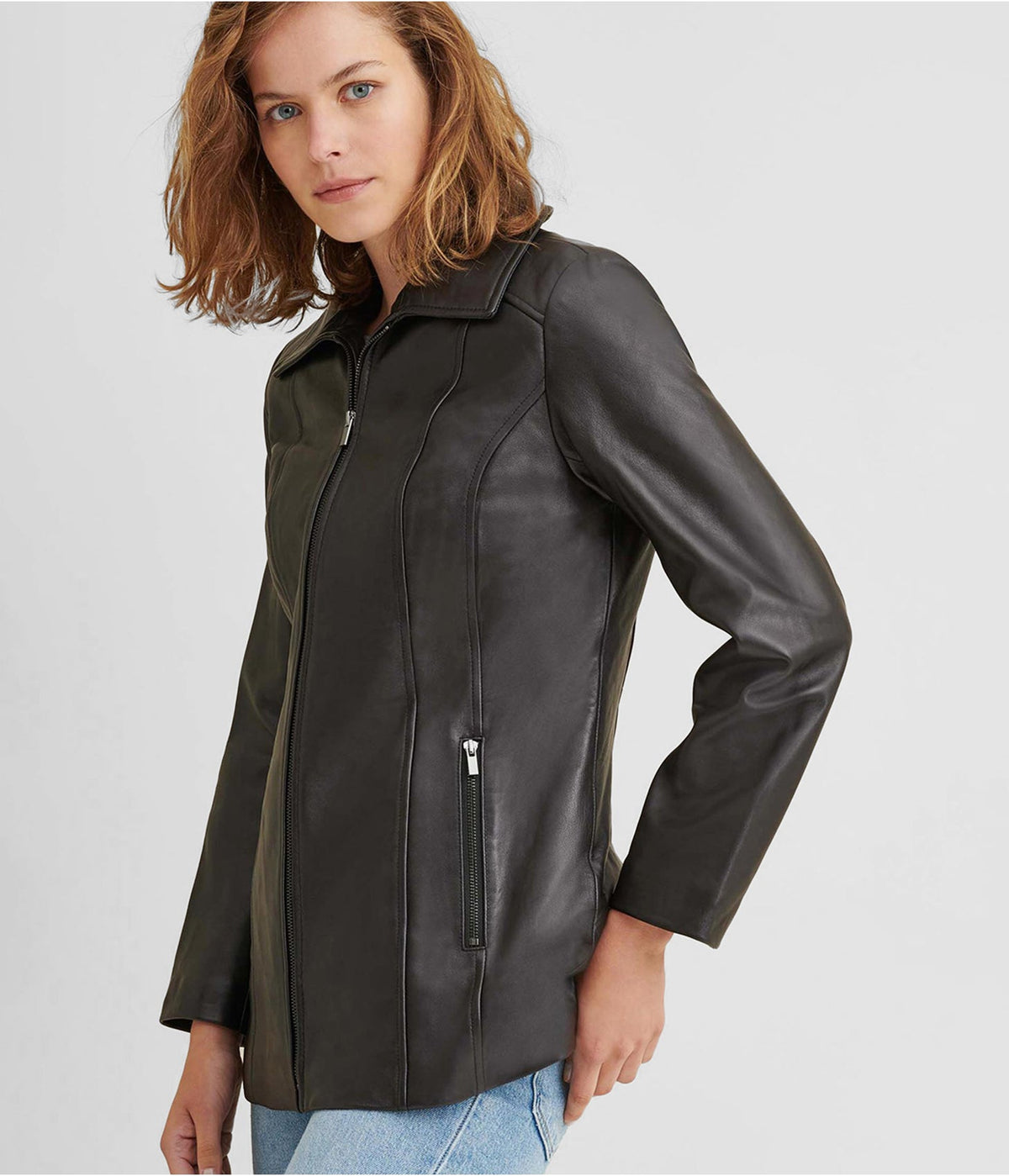 Women's Black Leather Scuba Jacket with Zip Front