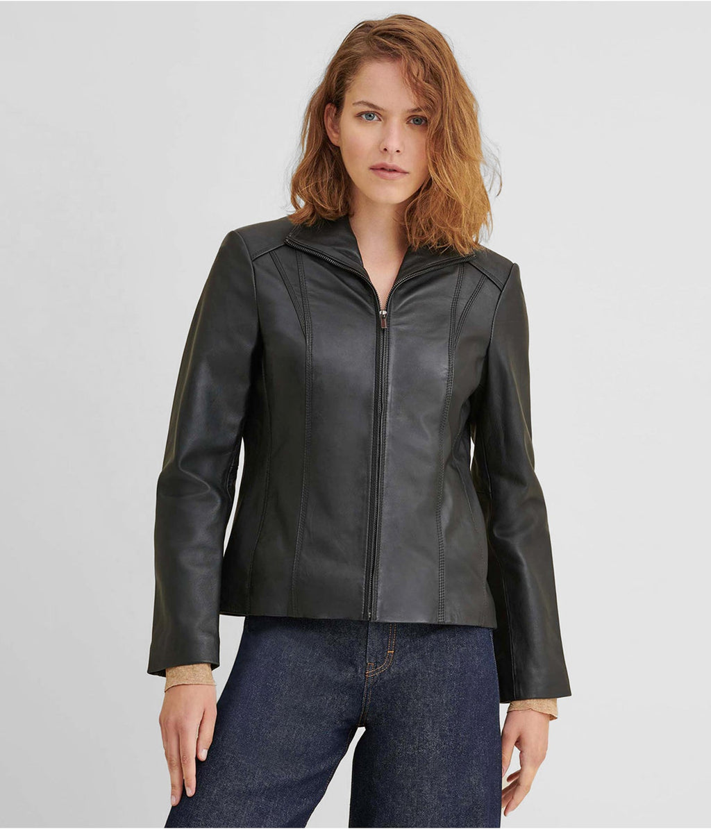Women's Black Leather Scuba Jacket
