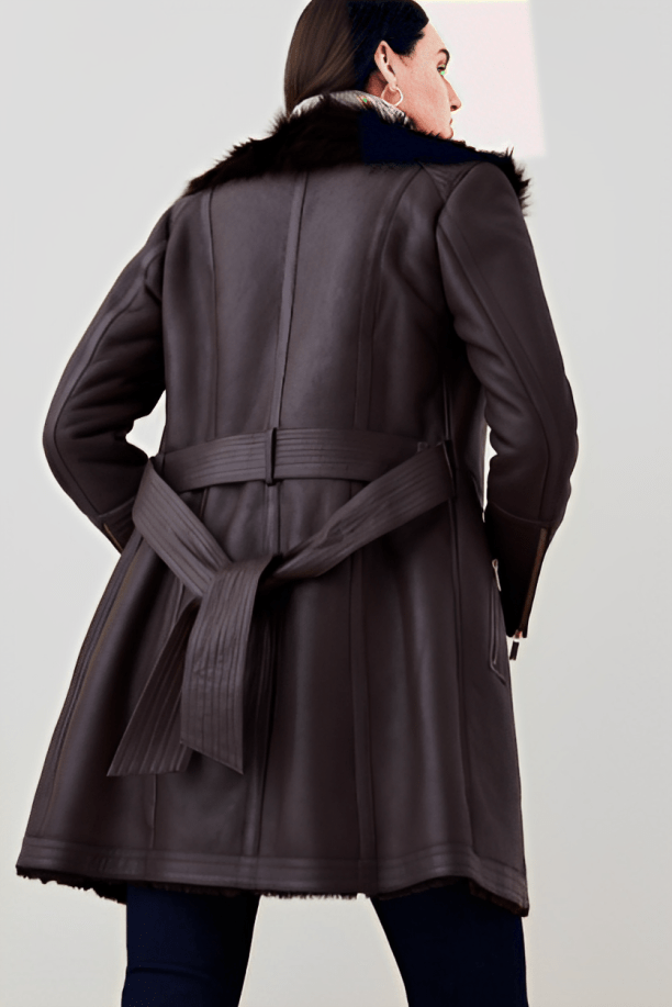 Women's Dark Brown Shearling Leather Coat with Elegant Design
