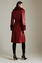 Women's Red Shearling Leather Coat with Fur Collar and Elegant Design